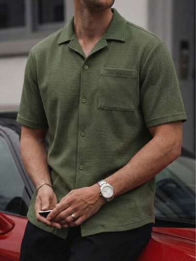 LOOKUN Solid Color Vintage Style Men's Polo Shirt, Fashionable Elegant Business Casual Holiday Loose Fit Buttoned Half-Placket Collared Top, LOOKUN Spring/Summer