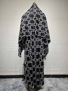 Women's New Polka Dot Chiffon Cardigan Abaya With Headscarf, Lace Patchwork Fashion Long Robe - Black - View 5