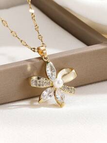 一套不锈钢蝴蝶结吊坠项链和耳环首饰套装，百搭奢华个性化项链和耳环首饰，适合日常生活/派对/节日/生日/情人节/斋月/返校季等场合，是理想的礼物。 - 蝴蝶禮結款-均碼 - 查看 2