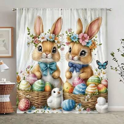 2PCS Easter Bunny And Egg Basket Curtains - Cute Bunnies, Colorful Eggs And Butterflies With Floral Prints Featuring Cute Bunnies, Colorful Eggs And Butterflies, With Easy To Hang Pole Bag Design, Suitable For Bedroom Or Living Room Decoration (White)