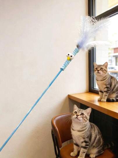 1pc 2026 New Creative Multi-Functional Novelty Cute Durable Scratch-Resistant Cat Colorful Feather Bell Cartoon Big Eye Plush PVC Long Handle Cat Teaser Wand Hunting Game Indoor Kitten Pet Toy Accessory Suitable For All Cat Breeds (Small/Medium/Large), Self-Entertainment, Interaction, Exercise, Mental Stimulation, Boredom Relief, Destructive Behavior Reduction