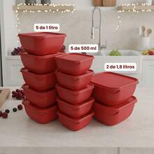 Set Of 12 Square Plastic Containers In Various Colors – Kitchen Organizer With Lids (5*500 Ml, 5*1 L, 2*1.8 L) - Red - View 2