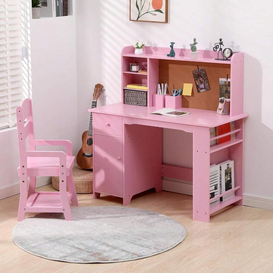 Kids Study Desk And Chair Set With Storage Cabinet, Wooden Children's Study Table, Student Writing Desk And Computer Workstation For Boys And Girls Ages 3-8 - 粉色 - 查看 1