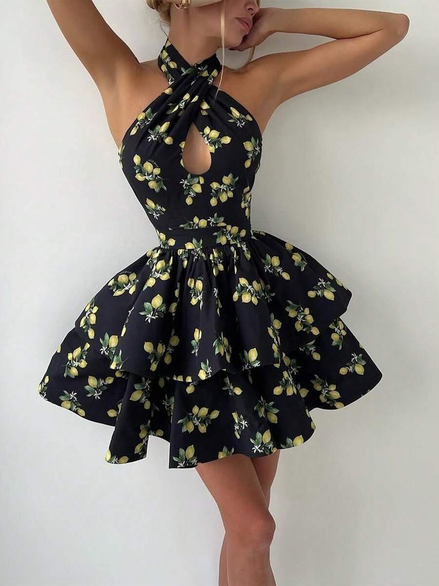Women's Lemon Print Sexy Cute Elegant Criss-Cross Backless Mini Dress, Suitable For Daily Wear, Dating, Commuting, Holidays, Parties, Street Photography And Various Occasions - Black - View 1