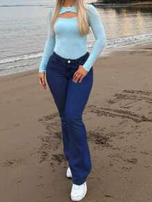 GILIPUR Jeans évasés style Y2K, pantalon décontracté élégant à taille haute et coupe slim pour femmes. Pantalon long en jean stretch lavé bleu foncé, mode de rue européenne et américaine - Jean brut - Voir 8