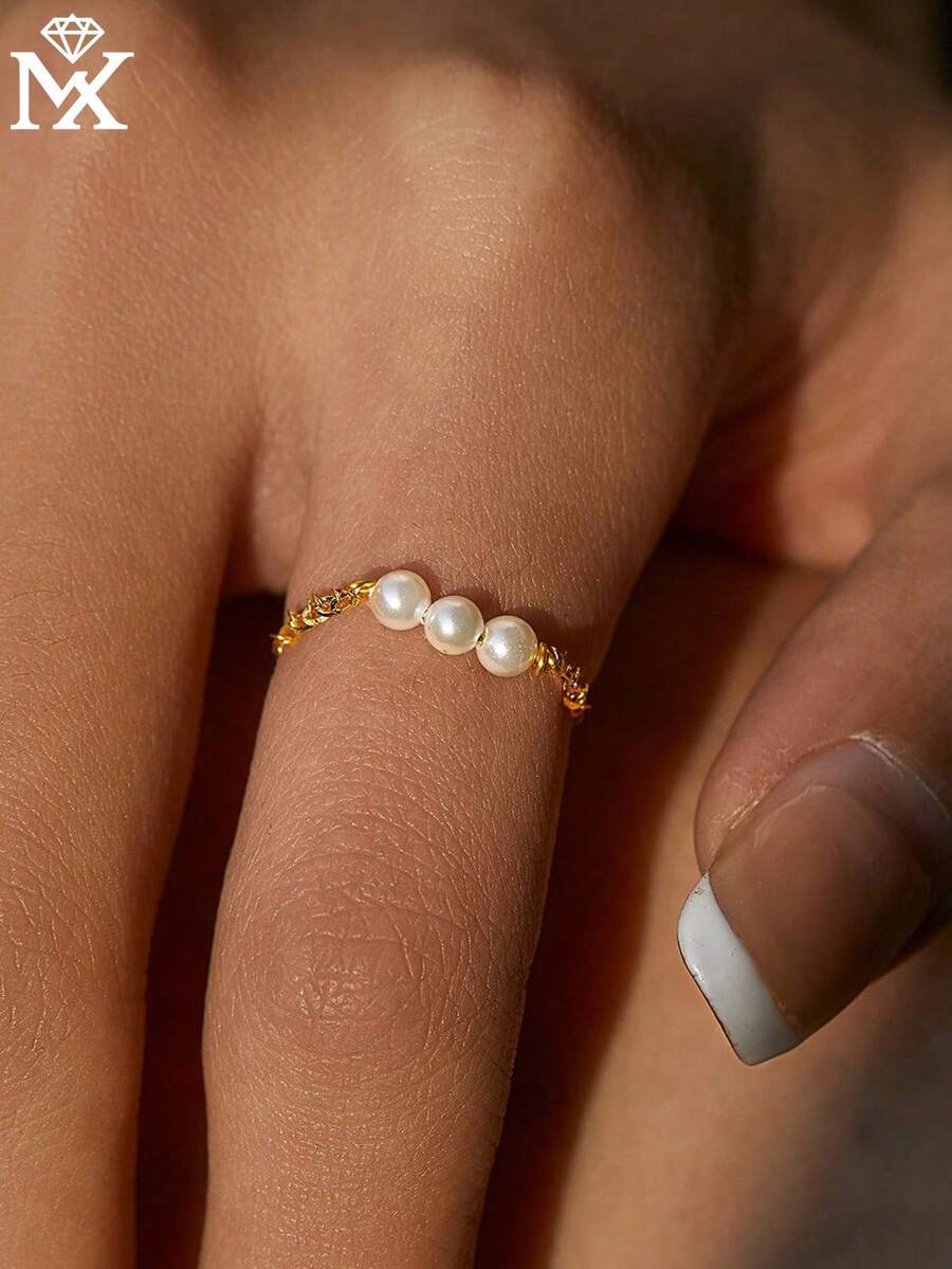 SYMFNY 1枚925纯银天然淡水珍珠精致软链戒指，优雅法式风格，女士生日/周年纪念礼物 - 金黃色 - 查看 1