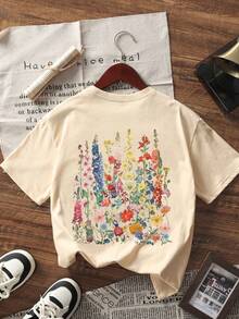 1 buah Kaos Pullover Lengan Pendek Motif Bunga untuk Anak Perempuan Remaja, Pakaian Pelajar Remaja Perempuan, Hadiah Musim Panas untuk Anak-anak - Aprikot - View 2