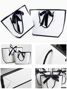 10pcs/5pcs/1pc Style Simple Black & White Bow Decor Gift Tote Bags, Large Capacity White Paper Carrier Bags, Solid Color Shopping Bags, Small Business Supplies, Father's Day, Mother's Day, Back To School, Summer Wedding, Birthday Gifts, Premium Gift Bags, Best And Cheapest Merchandise, Wedding Favors, Best Gift Bags For Family And Friends