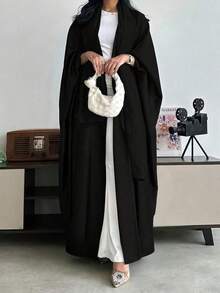 Women's Elegant Long Sleeve Drop Shoulder Kaftan Jalabiya Robe, Made Of Non-Stretch Woven Fabric, Without Scarf - Black - View 3
