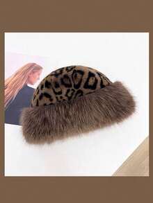 1 Women's Leopard Print Knitted Hat, Mongolian Warm Thickened Wool Hat, Suitable For Daily Wear, Outdoor Travel, Hiking, Beach Vacation - 棕色 - 查看 5