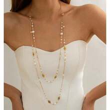 2pcs Retro Nomadic Necklace, Imitation Pearl Series Star-Shaped Tassel,  Sweater Chain Stacked And Worn With Sharp Weapons - Vàng - Xem 5