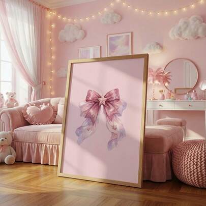 1pc Aesthetic Pink Bow Wall Art Picture Watercolor Whimsical Starry Bow Canvas Print Paintings| Preppy Room Decor For Teen Girls Bedroom,College Dorm,Living Room Or Office Home Decor,Cute Dorm Room Essentials Poster,Sweet Decoration For Students & Apartment Aesthetic,Gift For Her,Unframed Or Framed