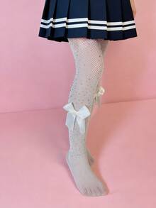 3 Pairs Girls' Stylish Rhinestone Fishnet Tights, Girls' Hollow Out Rhinestone Decorated Bow Tights, Shiny And Gorgeous Spring/Summer Pantyhose - Multicolor - View 5