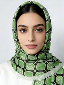 1pc Green Grid Pattern Women Hijab,Elegant And Breathable Suitable For Autumn Casual Clothing And Dresses Combinations - Green - View 3