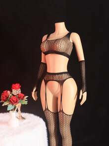 3件套女士黑色镂空网纱吊带背心、透明连裤袜、袖口吊袜带性感内衣套装 - 黑色 - 查看 2