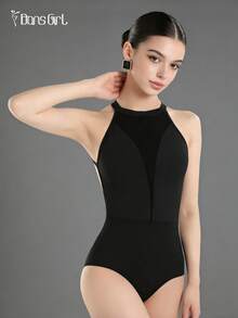 DonsGirl 一件装女士法式芭蕾舞紧身衣 - 露肩领口，弹性网纱拼接，优雅舞蹈表演服 - 黑色 - 查看 3