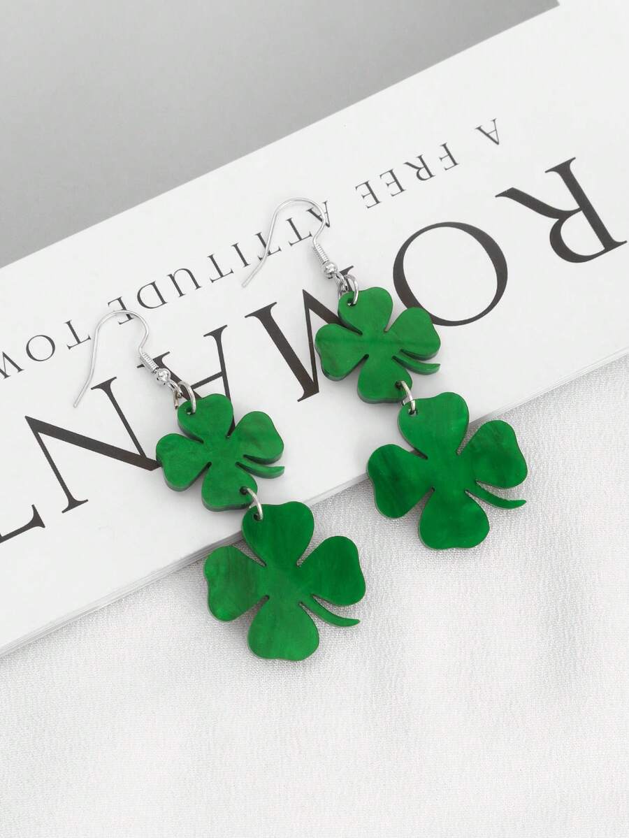 1pc Fashion Four-Leaf Clover Design Earrings, St. Patrick's Day Series, Suitable For Festivals, Parties, And Daily Wear - Green - View 1