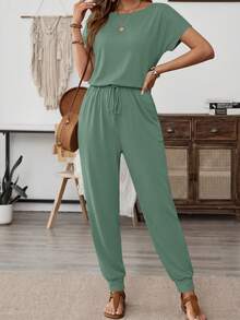 Women's Loose Solid Off Shoulder Elastic Waist Stretchy Long Romper Jumpsuit - Quả xanh - Xem 4