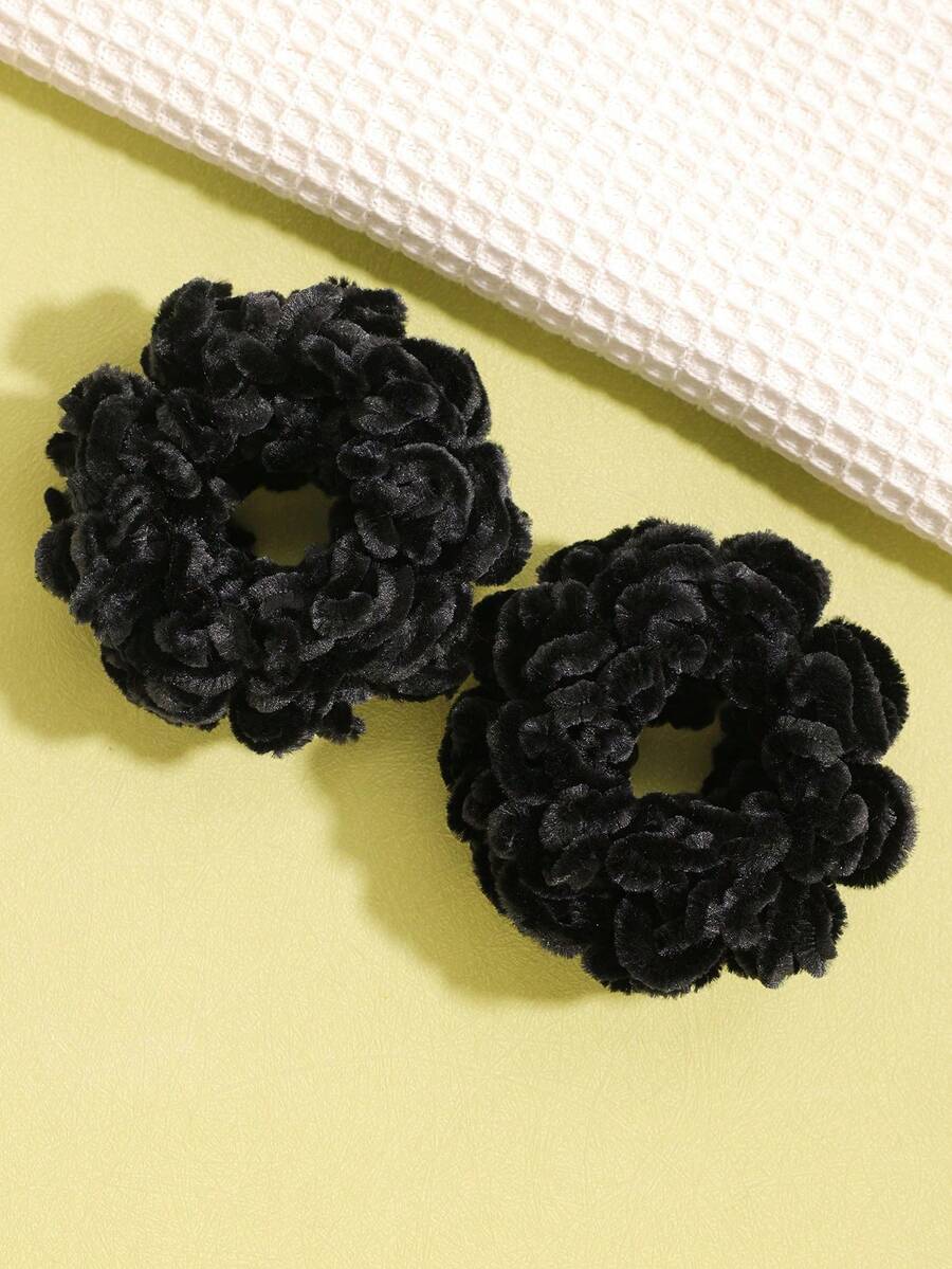 Set de 2 Scrunchies elásticos de estilo, unicolor, estilo bohemio casual, retro, para fiesta, lindos, de poliéster, para todo el año, sujetadores de coleta, Scrunchies - Negro - Ver 1