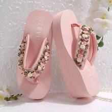 Cute Floral Decor Wedge Flip Flops, Spring/Summer - Pink - View 13