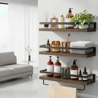 Estantes de pared de madera de 3 piezas con toallero, estantes flotantes para montar en la pared. Ideales para dormitorio, baño, sala, oficina y cocina, ideal para organizar y almacenar.
