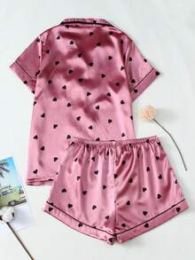 Heart Print Women's Poplin Short Sleeve Shorts Pajama Set - Coral Pink - View 6