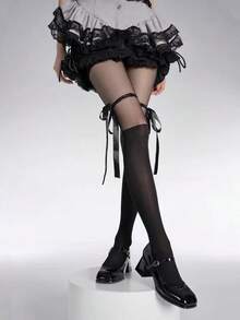 1 Pair White Bow Accent Sheer Stockings, Delicate Lolita Style Criss-Cross Strap Splice Pantyhose For Women, Summer - Black - View 2