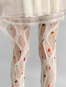 1 Pair Distressed Fishnet Stockings, Personalized Spring/Summer New Arrival, Retro Floral Pattern, Punk Style, Suitable For Festivals And Parties, Plus Size, High Elasticity - White - View 2