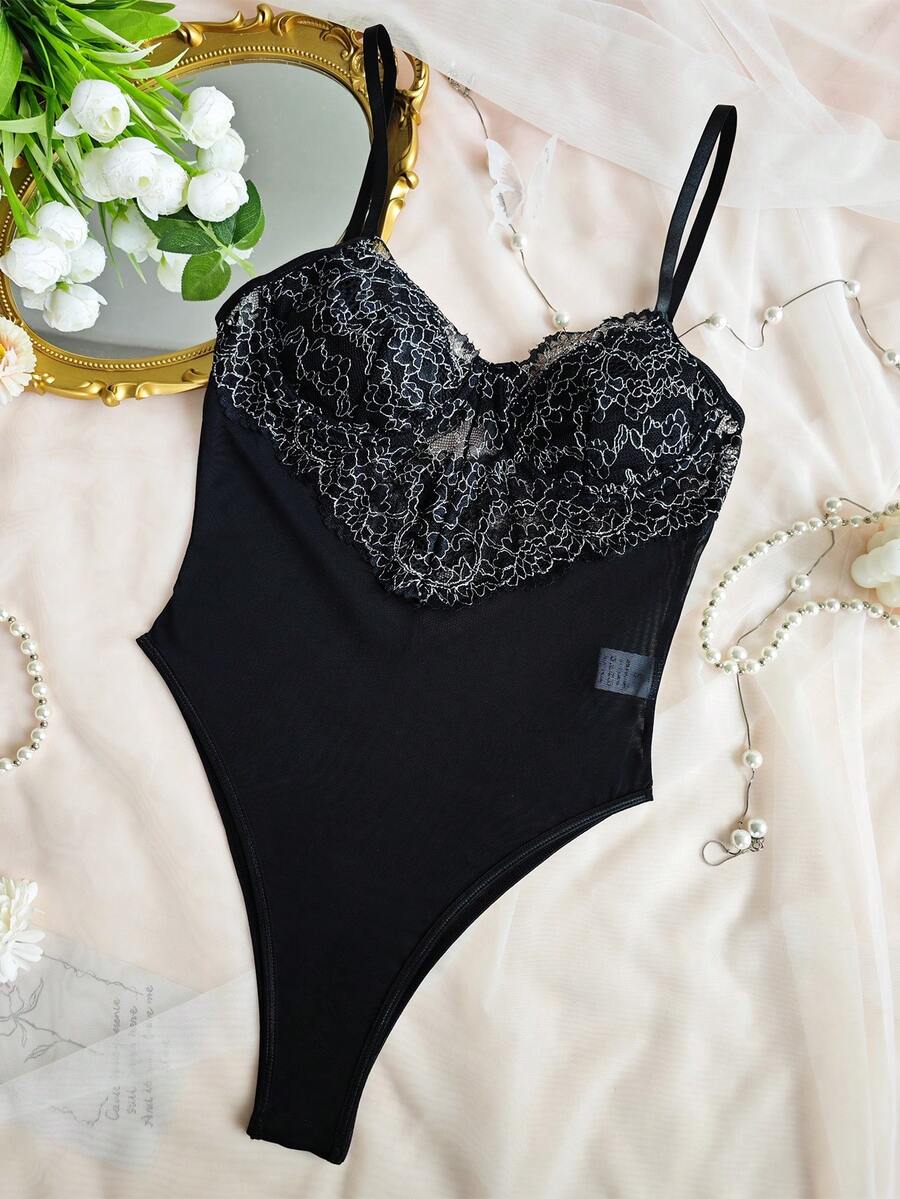Black Lace Mesh Bodysuit - Sexy Slimming Comfortable Breathable Party Date Vacation Outfit - Black - View 1