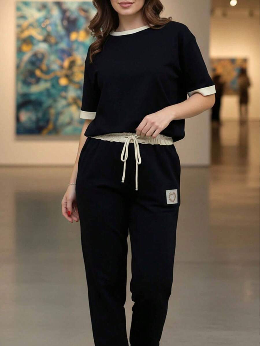 2pcs Women's Summer Set: Round Neck Short Sleeve T-Shirt And Drawstring Waist Straight Leg Pants - Black - View 1