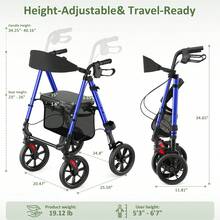 WALK MATE Rollator Walker For Seniors, 10 Inch Big Wheels, Reinforced Aluminum Frame 350lb Weight Capacity, Foldable All Terrain Rolling Walker With Seat, Lightweight Adjustable Height, Blue - Blue - View 6