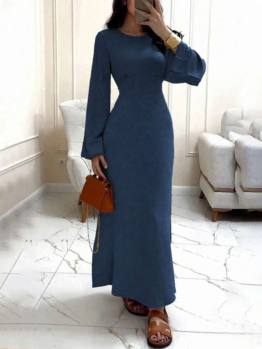 Robe midi unie élégante à col rond, taille froncée, manches longues évasées avec détail de bordure, robe fluide pour femmes, décontractée et bureau