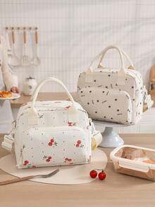 1pc New Cherry Print/Brown Leopard Print Insulated Lunch Bag With Shoulder Strap, Japanese Style Handbag, Bento Bag With Pocket - Multicolor - View 4
