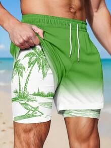 Men's Beach Vacation Printed Lining Casual Shorts - Green - View 1