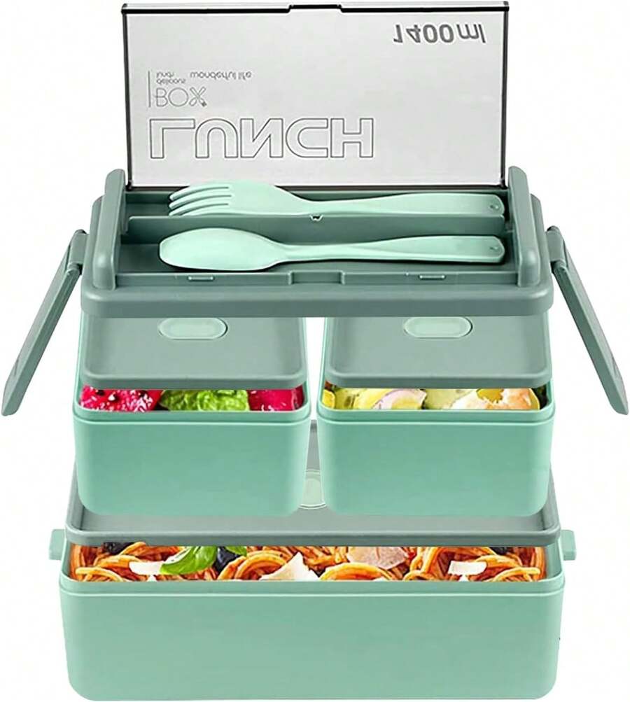 Lonchera Con Diseño Innovador, Fiambrera para trabajadores de oficinaFiambrera de plástico de doble capa, fiambrera para estudiantes separada Con 2 Cubiertos - Verde - Ver 1
