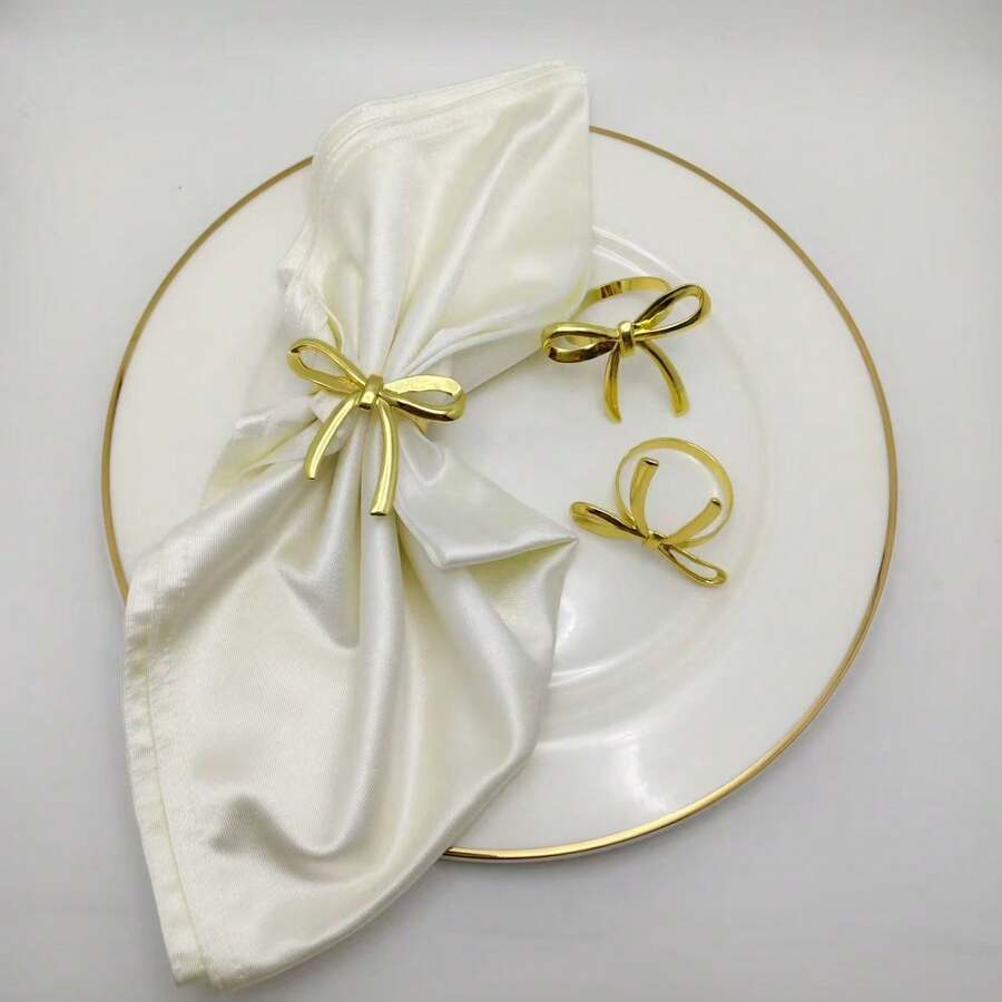 6pcs/10pcs Unique Asymmetric Bow Napkin Rings, Hotel Tabletop Napkin Holders - Gold - View 1