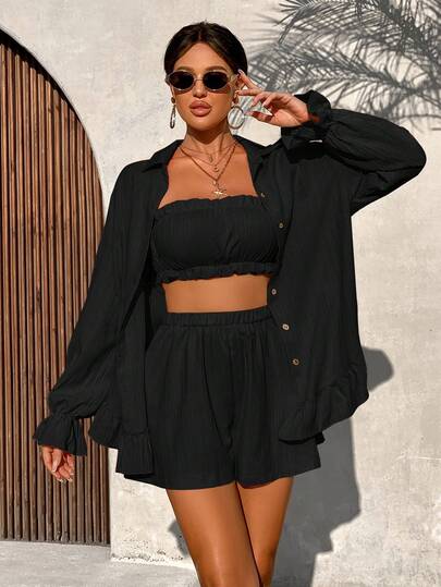 AIJ Amarilo Women Summer Vacation Solid Color Fabric Ruffle Trim Top + Camisole + Shorts 3-Piece Set, Minimalist Daily Outfit Spring