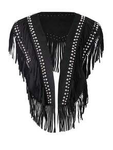 Women's Studded Suede Vest 70s Hippie Outfit Sleeveless Open Front Tassel Vest Collar - 黑色 - 查看 1