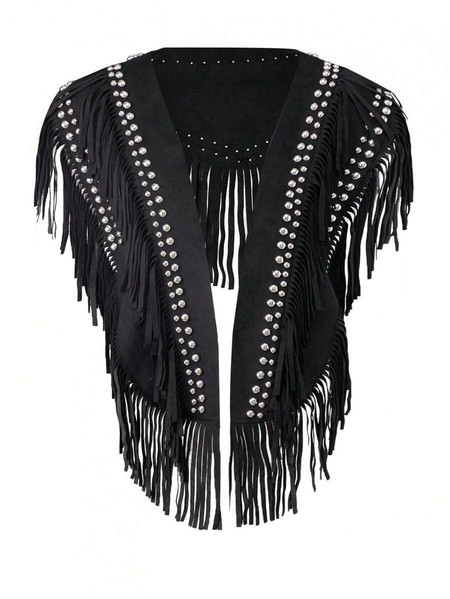 Women's Studded Suede Vest 70s Hippie Outfit Sleeveless Open Front Tassel Vest Collar - 黑色 - 查看 1