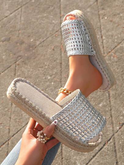 银色网眼镂空编织波西米亚风女士亚麻绳底凉鞋，夏季新款复古休闲厚底露趾拖鞋，适合沙滩/公园/草坪露营，母亲节礼物