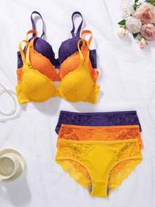 Set de 6 piezas de sujetador con aros de encaje y ropa interior para mujer, conjunto de lencería colorida (3 sujetadores, 3 bragas) para primavera/verano, exterior, playa - Multicolor - Ver 5