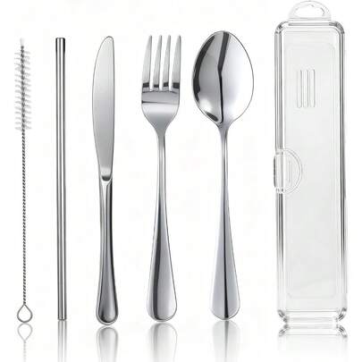 Travel Camping Utensils With Case, 6 Pcs Reusable Stainless Steel Silverware Cutlery Set, Spoon, Fork, Knife + Straw/Brush Kit For Camping, Travel, Office, Lunch Box,  On-The-Go (Silver)