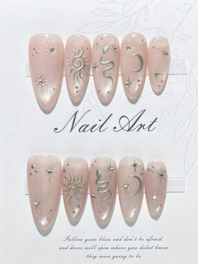 1 Piece Handmade Press-On Nail Art, Pink Nails, Almond-Shaped Nails, Cat-Eye Nails, Metallic Finish, Hand-Painted Design, Valentine's Day Nails, High-End Quality, Reusable, Suitable For Everyday Wear And Holidays.