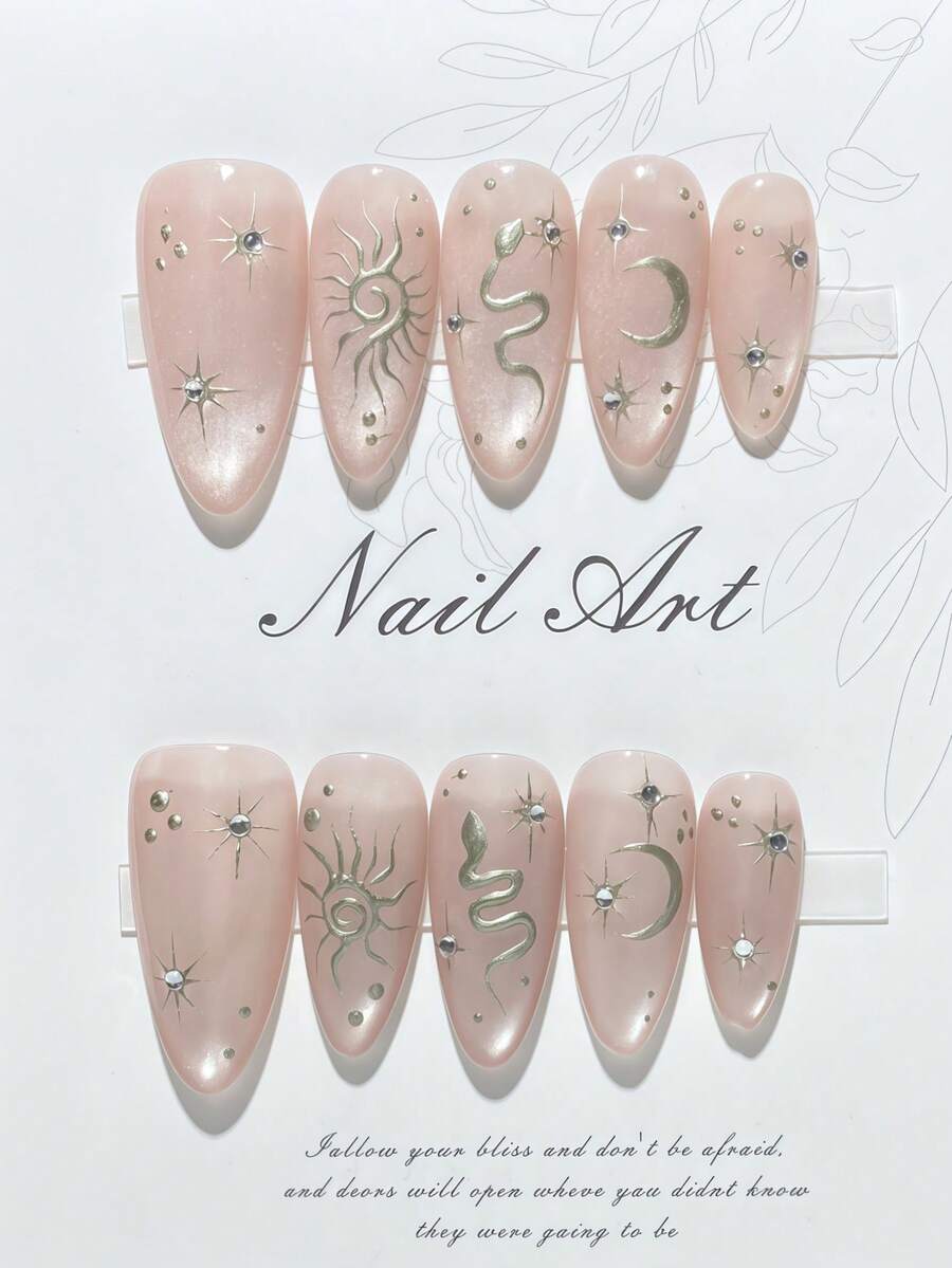 1 Piece Handmade Press-On Nail Art, Pink Nails, Almond-Shaped Nails, Cat-Eye Nails, Metallic Finish, Hand-Painted Design, Valentine's Day Nails, High-End Quality, Reusable, Suitable For Everyday Wear And Holidays. - Pink - View 1
