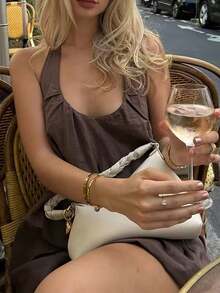 女士纯棉荷叶边泡泡下摆吊带V领露背性感夏季吊带连衣裙派对优雅 - 棕色 - 查看 3