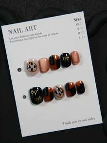 10pcs Handmade Black Short Acrylic Nails With Gold Cat Eye Asymmetrical Pattern, Reusable Elegant Nail Art Decorations, Suitable For Girls And Women For Daily, Party, Wedding, Holiday, Comes With Nail Gel And File Nail Supplies - Black - View 13