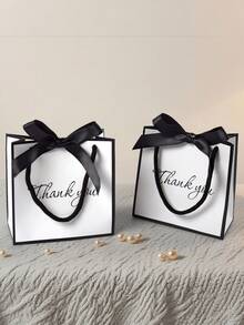 10pcs/5pcs/1pc Creative Black & White Thank You Gift Bags, Classic Color Scheme, Romantic Black Satin Ribbon Bow, Elegant "Thank You" Graphic Print, Suitable For Thanksgiving, Gifts, Birthdays, Weddings, Corporate Appreciation - White With Black Edges - View 3