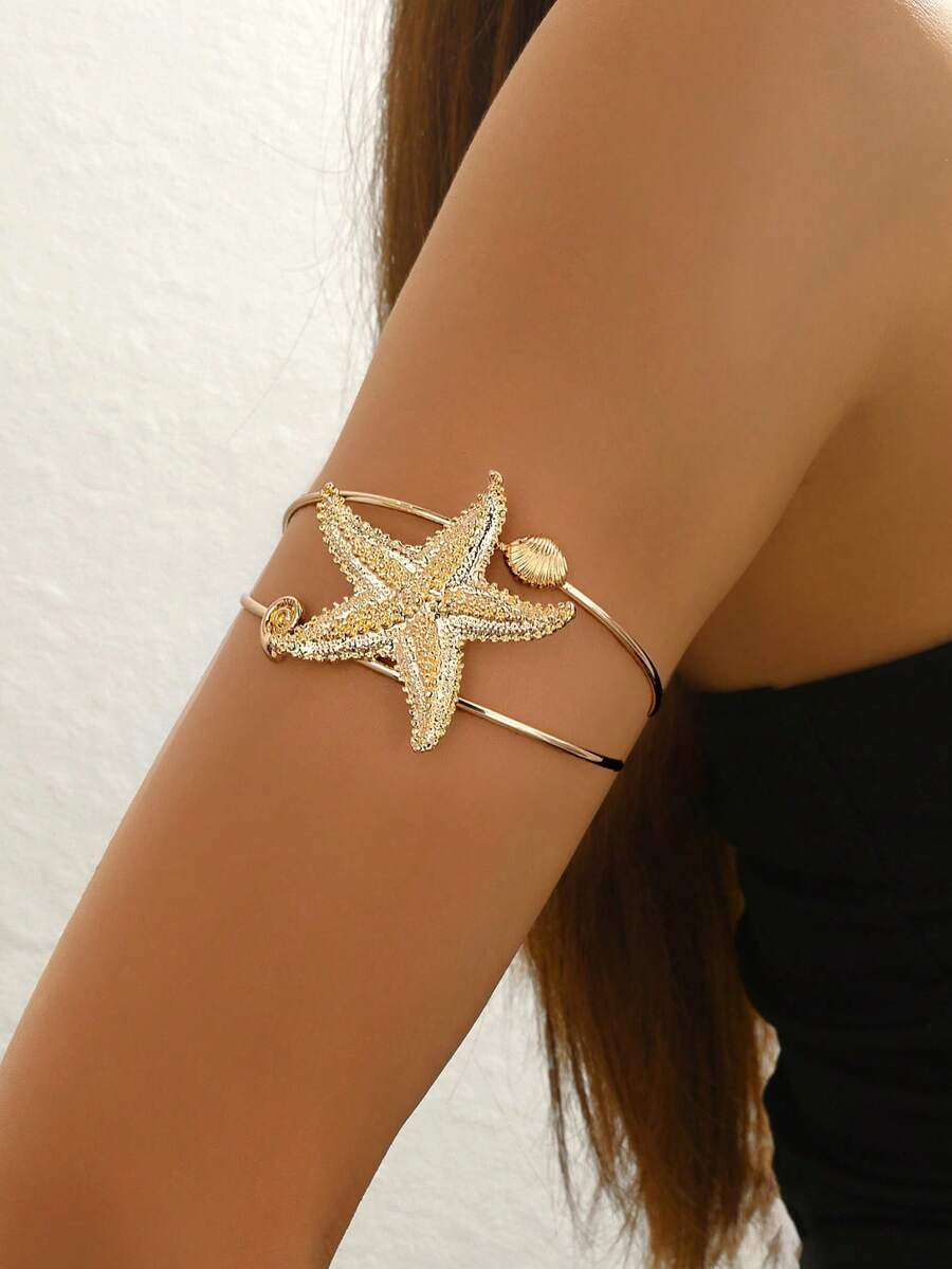 1件海洋之风金色海星贝壳海螺臂环女士时尚夏季海滩度假上臂饰品 - 金色 - 查看 1
