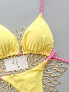 2pcs Bohemian Leopard Print Casual Cute Elegant Sexy Tie-Dye Crochet Contrast Trim Bikini Swimsuit, Beach Holiday, Spring/Summer - Yellow - View 3