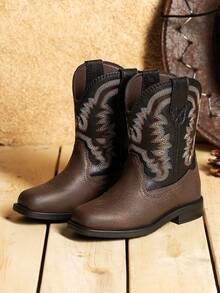 Toddler Little Boys Girls Cowboy Boots Kids Western Square Toe Riding Mid Calf Boots - Dark Brown - View 1